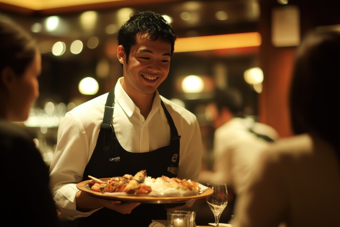 In a casual dining location, a waiter interacts warmly with guests as he serves a plate of food. The atmosphere is relaxed, highlighting a friendly dining experience.