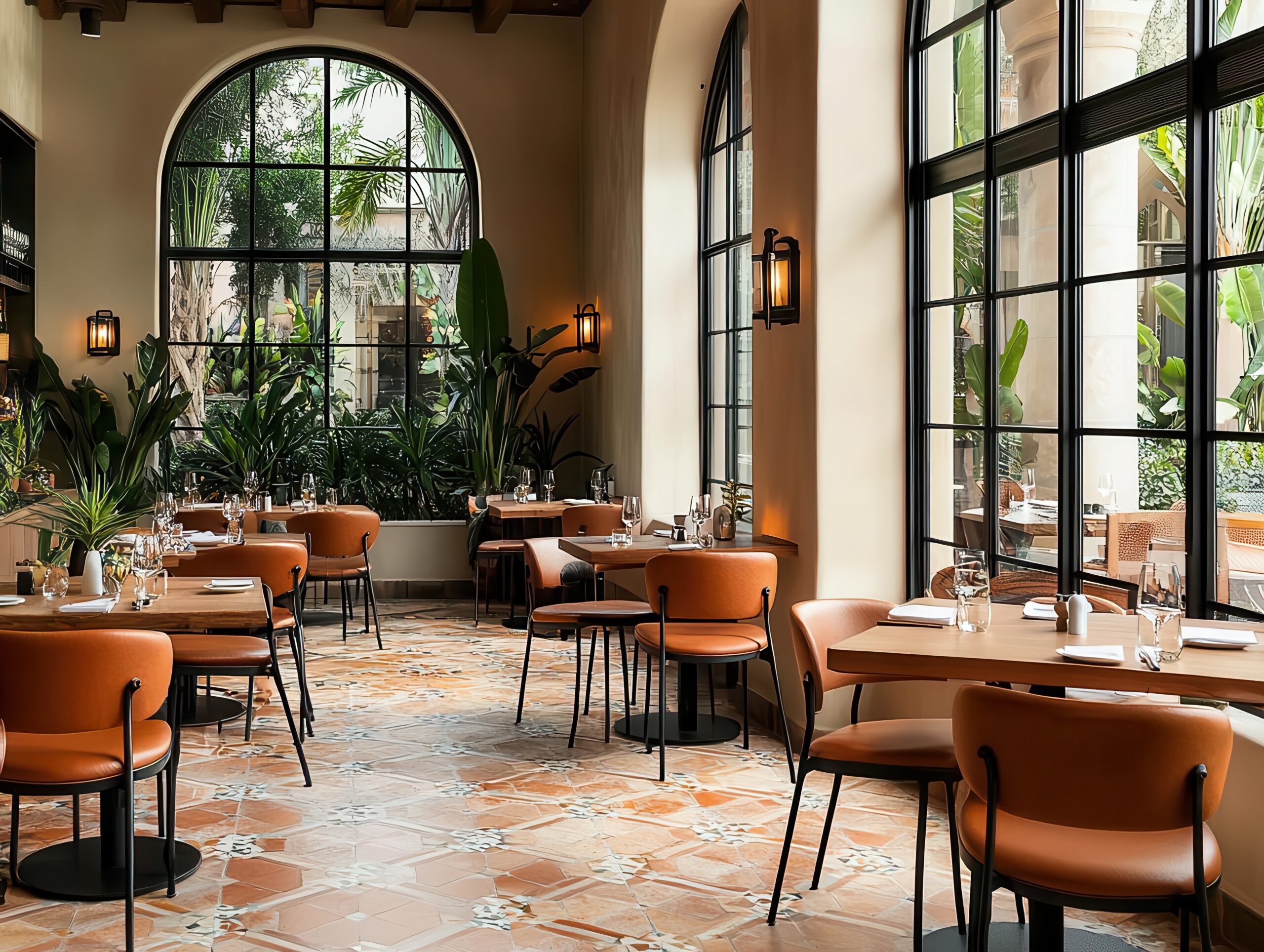 Mediterraneaninspired twostory restaurant with arched windows, terracotta floors, and vibrant tilework