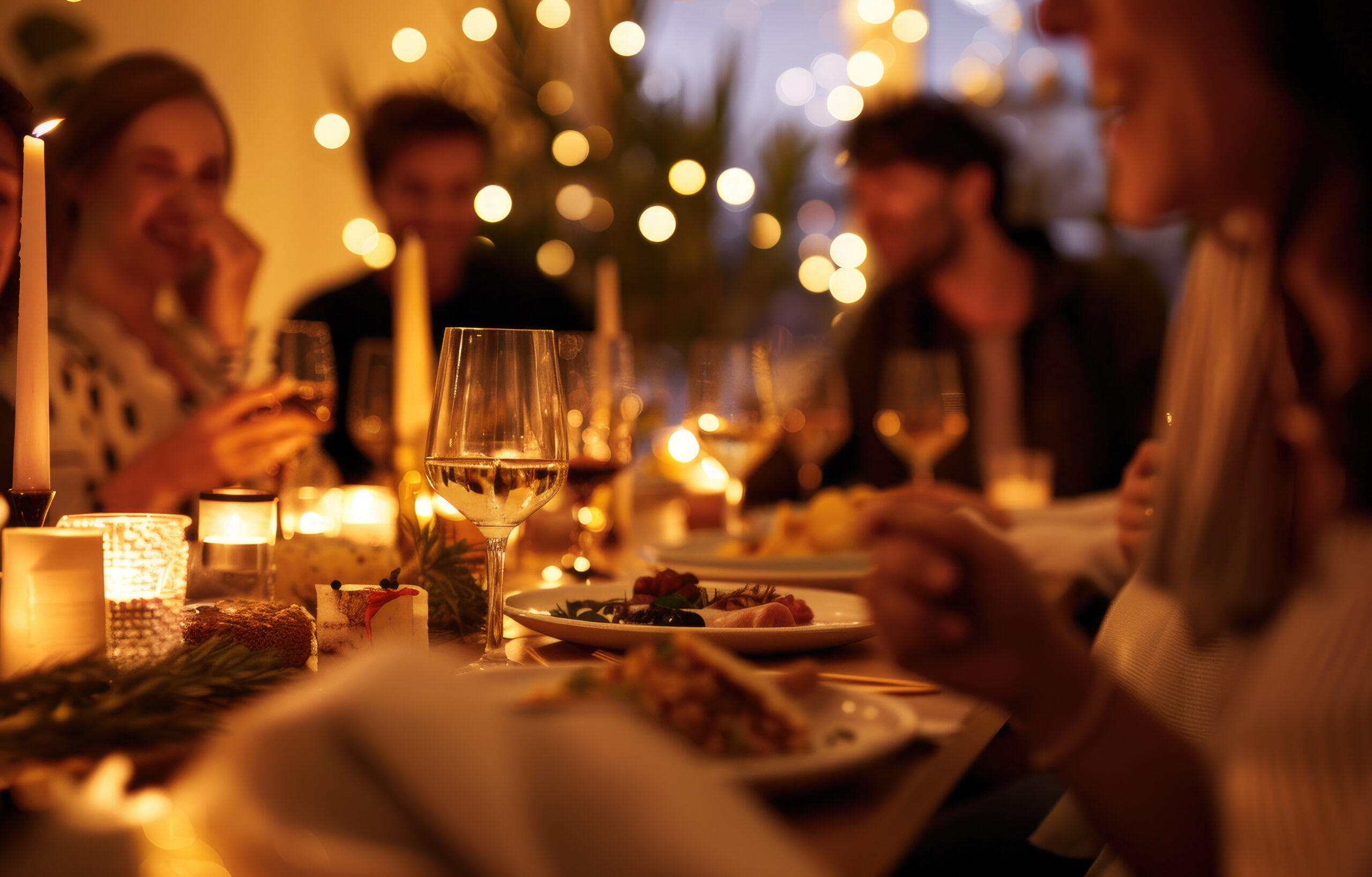people enjoying an elegant dinner party with fine dining, candles and wine glasses on the table.
